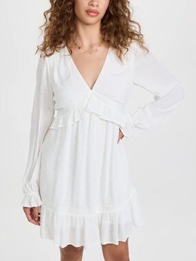 PAIGE White V-Neck Ruffle Long-Sleeve Mini Dress